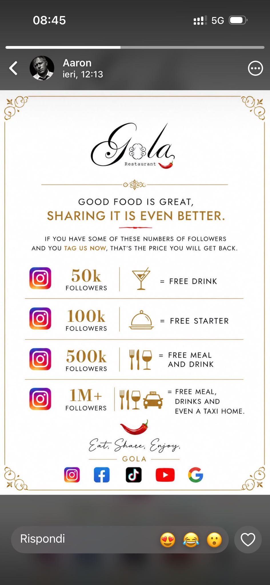 Gola campaign poster showing complimentary drinks, food and a taxi home at different follower levels