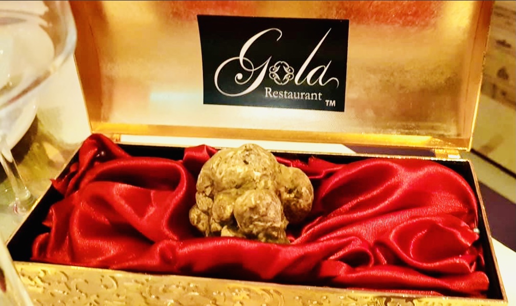 A whole truffle in a gilded box lined with red satin, with the Gola logo on its lid