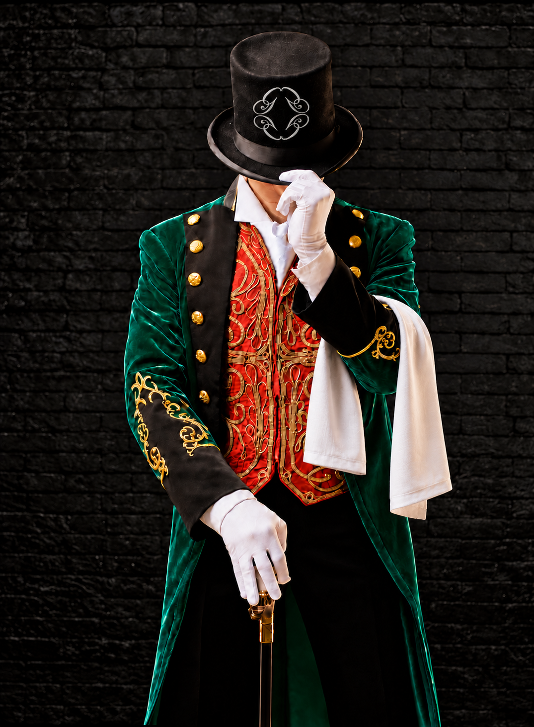 Mr Gola in emerald velvet and a fire-red waistcoat, with the white emblem on his top hat and a white linen service napkin draped over his left arm